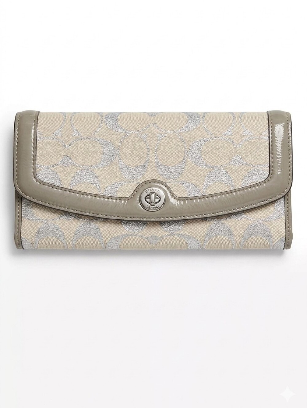 Coach Beige Signature Metallic C Wallet with Taupe Patent Trim